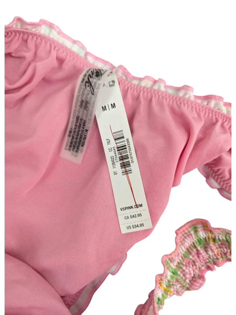 Pink X Frankie's Bikinis Pink Green Bikini Set Strawberry Plaid Ruffle Size M